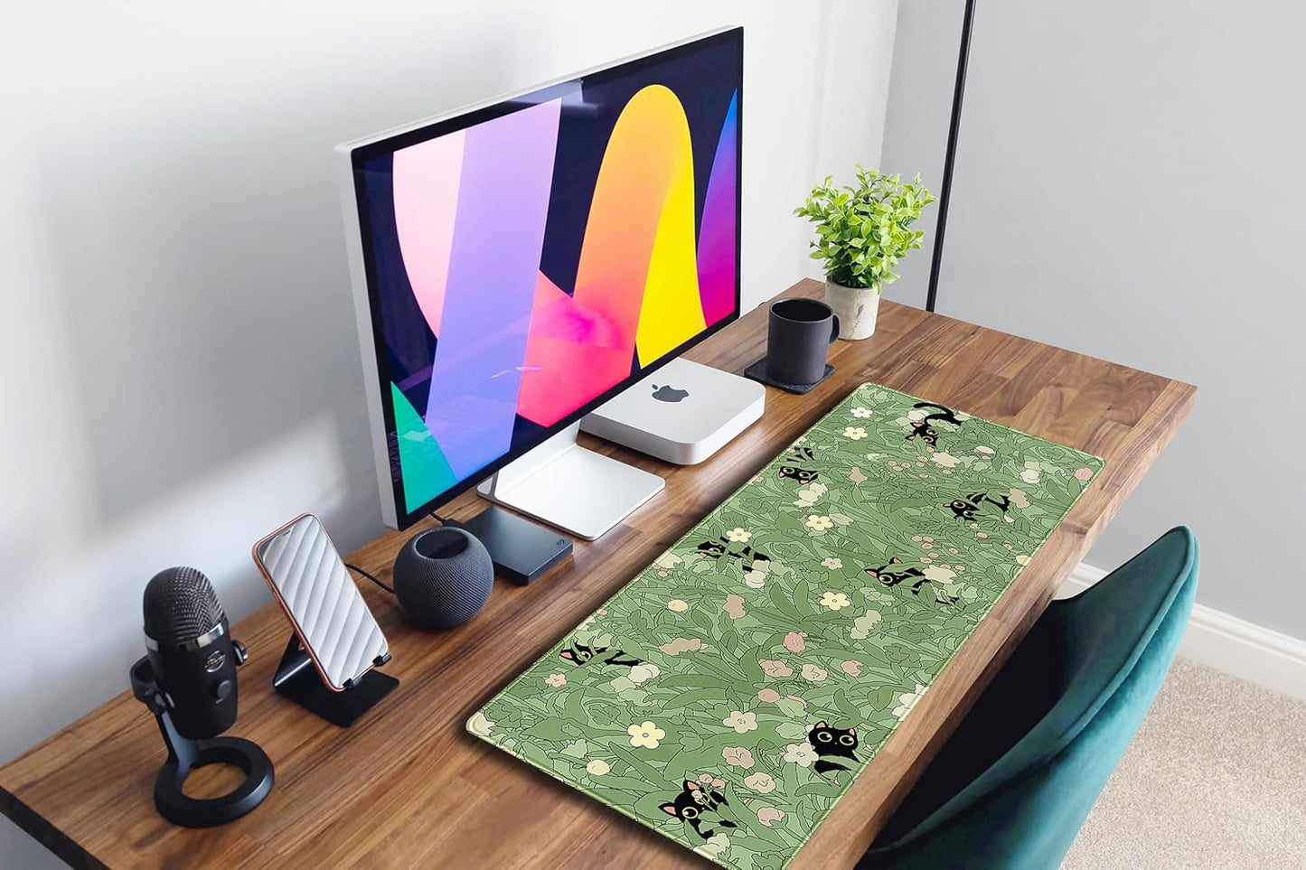 Cute Green Leaves Pink Flowers Mouse Pad Desk Pad Kawaii Anime Cat Desktop Protector Decor Desk Mat, XL Large Gaming Mousepad for Girl Women Laptop Computer Keyboard and Mouse Mat 31.5x11.8 in