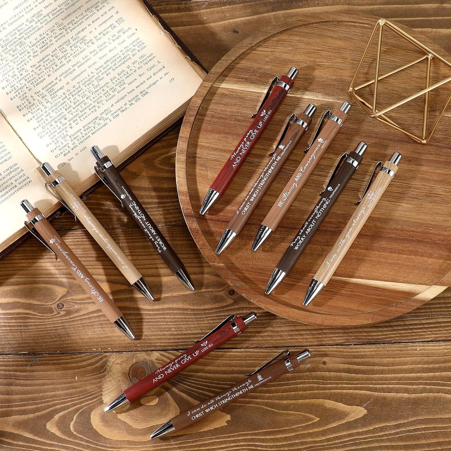 50 Pack Bible Verse Bamboo Retractable Ballpoint Pens Christian Inspirational Bible Verse Ballpoint with Black Ink Pen for Journal Writing Office Supplies Religious Gifts for Men Women(Wood Color)