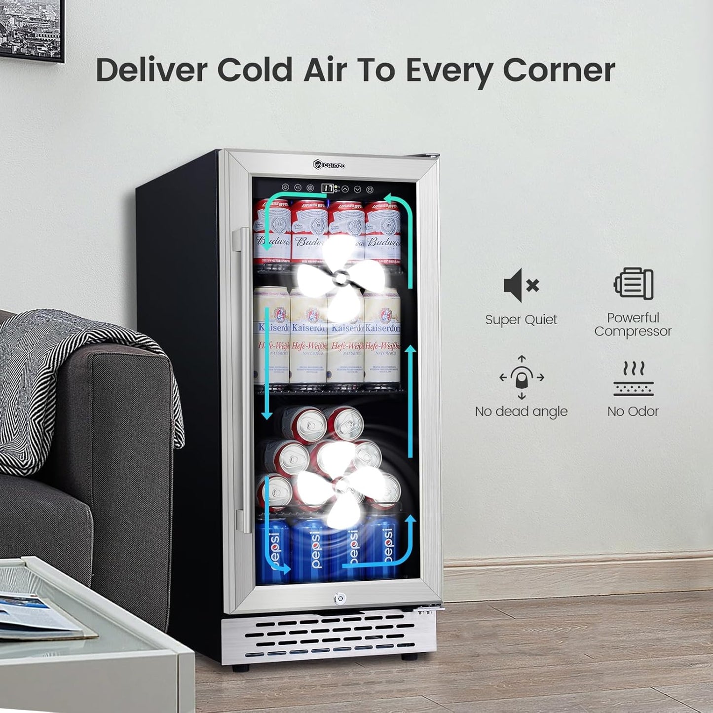 15 Inch Beverage Refrigerator Under Counter, 130 Cans Beverage Fridge with Tempered Glass Door & Lock, 37-65°F Beverage Cooler For Home/Bar, Built-in/Freestanding Mini Drink Cooler(3.53 cu.ft)