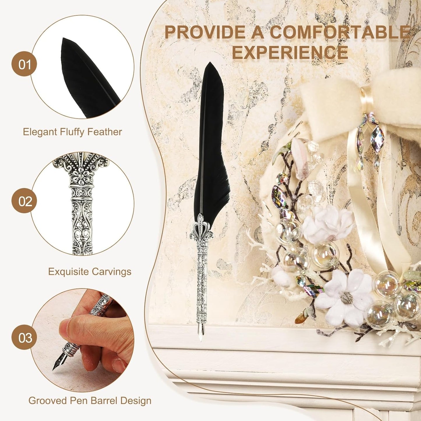 PATIKIL 26.5cm/10.4" Calligraphy Feather Quill Pen, Vintage Feather Dip Pen with 5 Replacement Nibs for Calligraphy Writing Wedding Office Gifts, Pure Black