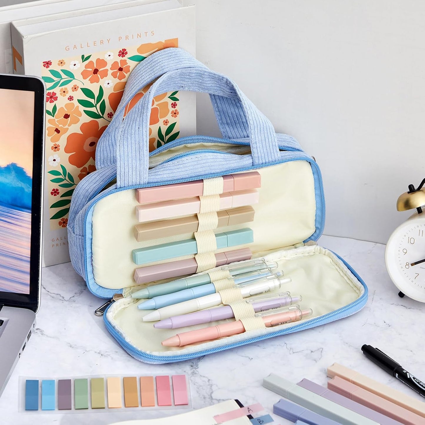 Jutom 39 Pcs Aesthetic Book Annotation Kit Highlighter with Pencil Case Bag Gel Pen Transparent Sticky Note Taking Bible Study College School Supplies(Light Blue,Classic Style)