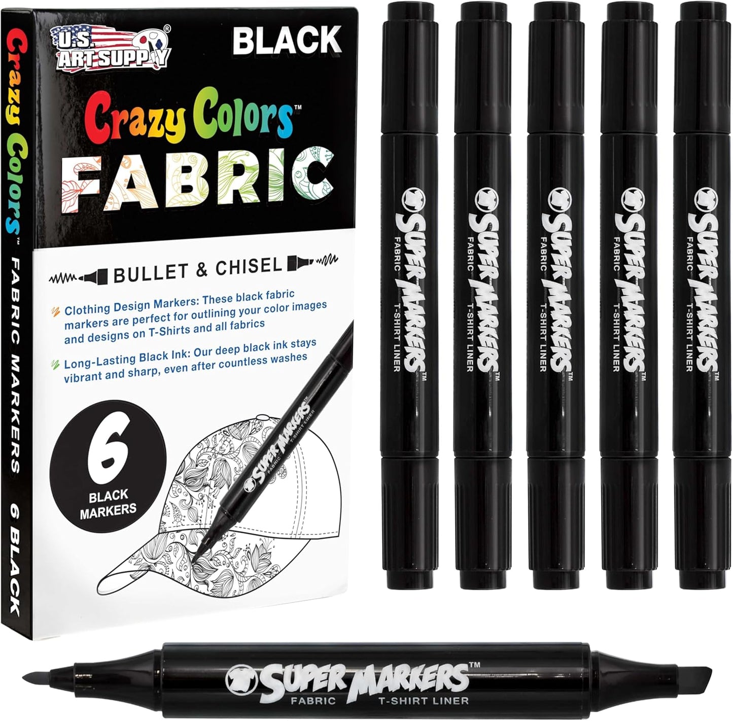 Super Markers Black Dual Tip Fabric & T-Shirt Markers, Set of 6 - Double-Ended with Chisel Point and Fine Point Tips - Permanent Vibrant Ink - Outline Clothing Designs Decorate Clothes