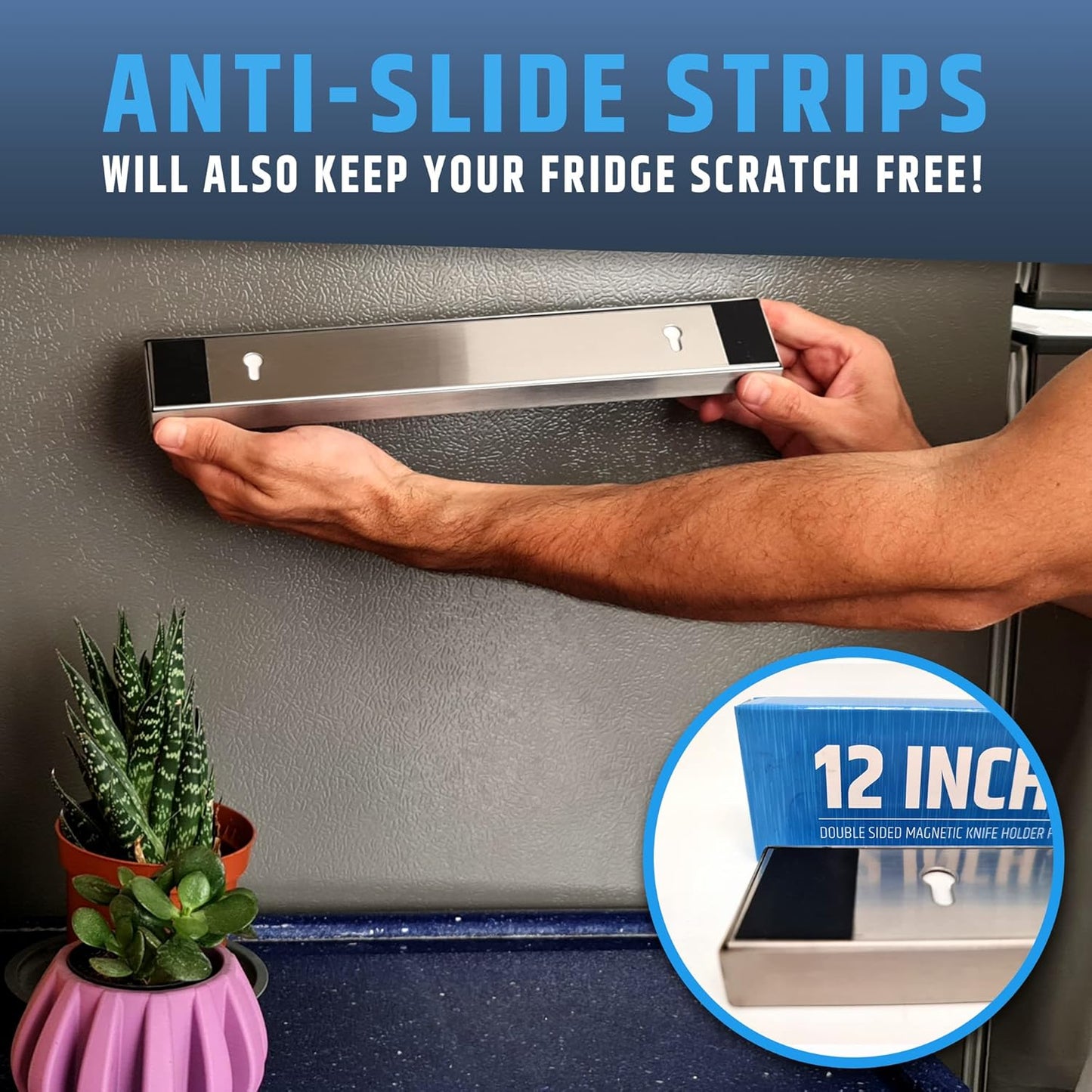 Fridge Applicable Stainless Steel Magnetic Knife Holder With Anti-Slide Upgrade - 12 Inch Professional Double Sided Strip for Refrigerator - Rack/Bar With Powerful Pull Force