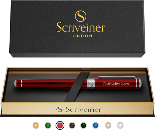 Scriveiner Personalized Deep Crimson Red Pen - Stunning Red Lacquer Luxury Pen with Chrome Finish, Schmidt Ink Refill, Best Engraved Roller Ball Gift Set for Men & Women, Custom Name Engraving