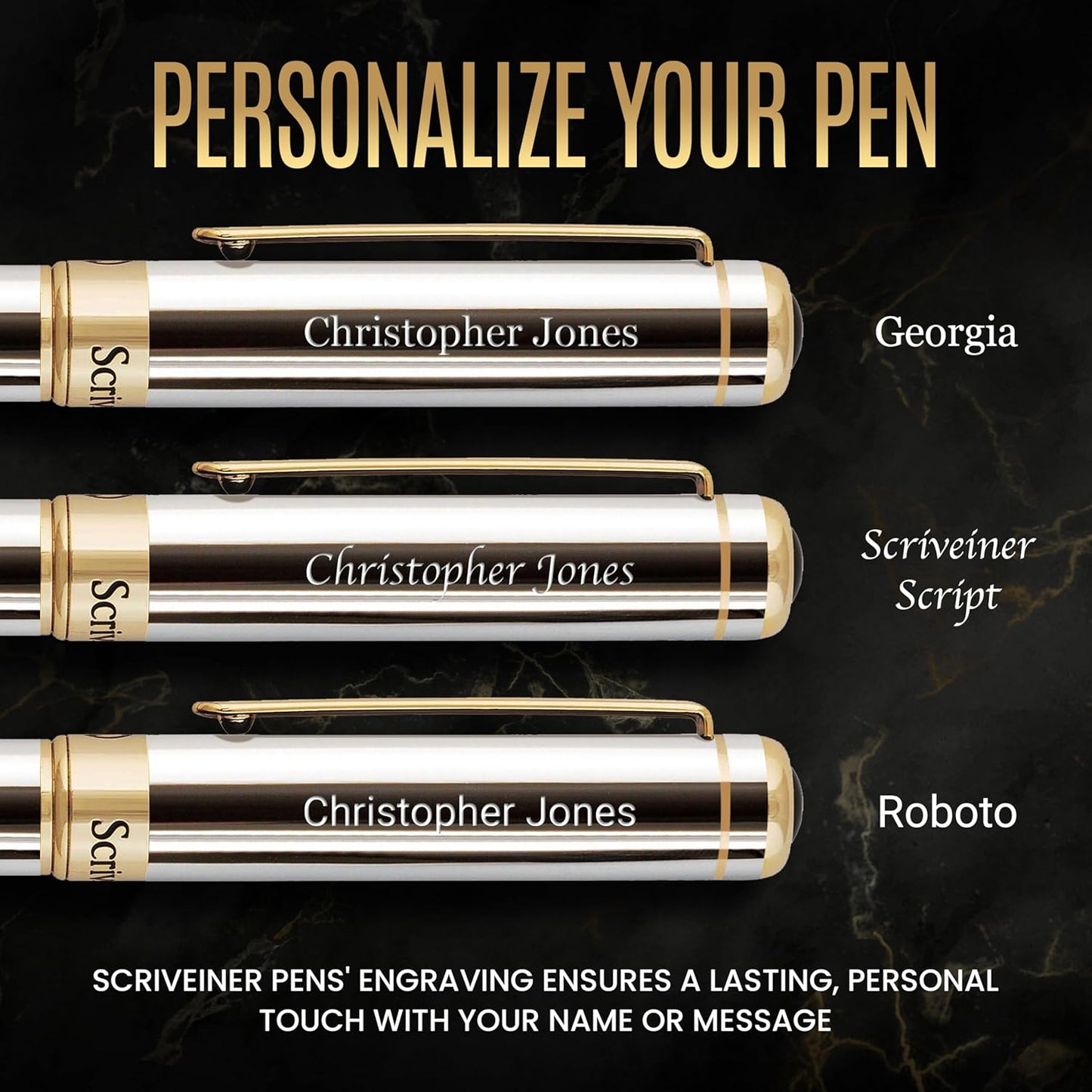 Scriveiner Personalized Silver Chrome Ballpoint Pen - Stunning Luxury Pen, Real Gold Plating, Schmidt Ink Refill, Best Engraved Ball Point Gift Set for Men & Women, Custom Name Engraving
