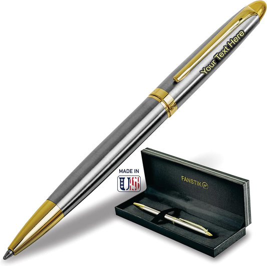 Customized BallPoint pen with name (MADE IN USA), stainless steel, Silver and gold, luxury engraved pen personalized for men and for women. (BallPoint Silver-Gold)