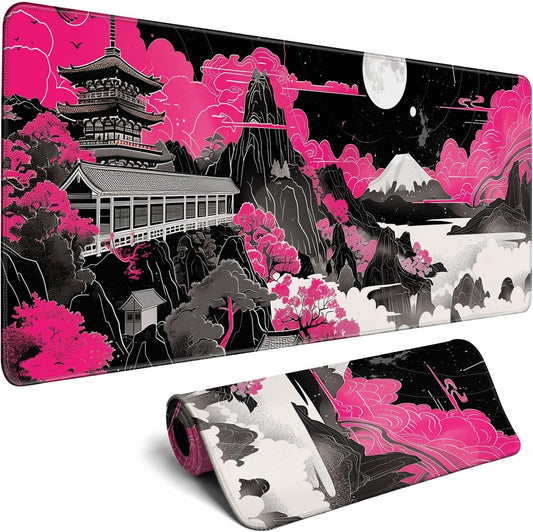 Future Kyoto Mouse Desk Pad Japanese Pink Desk Mat Desk Decor Black White Large Gaming Mouse Pad for Desk Mousepad Computer Office Keyboard Laptop Big Mouse Pad Xl-31.5x11.8 in