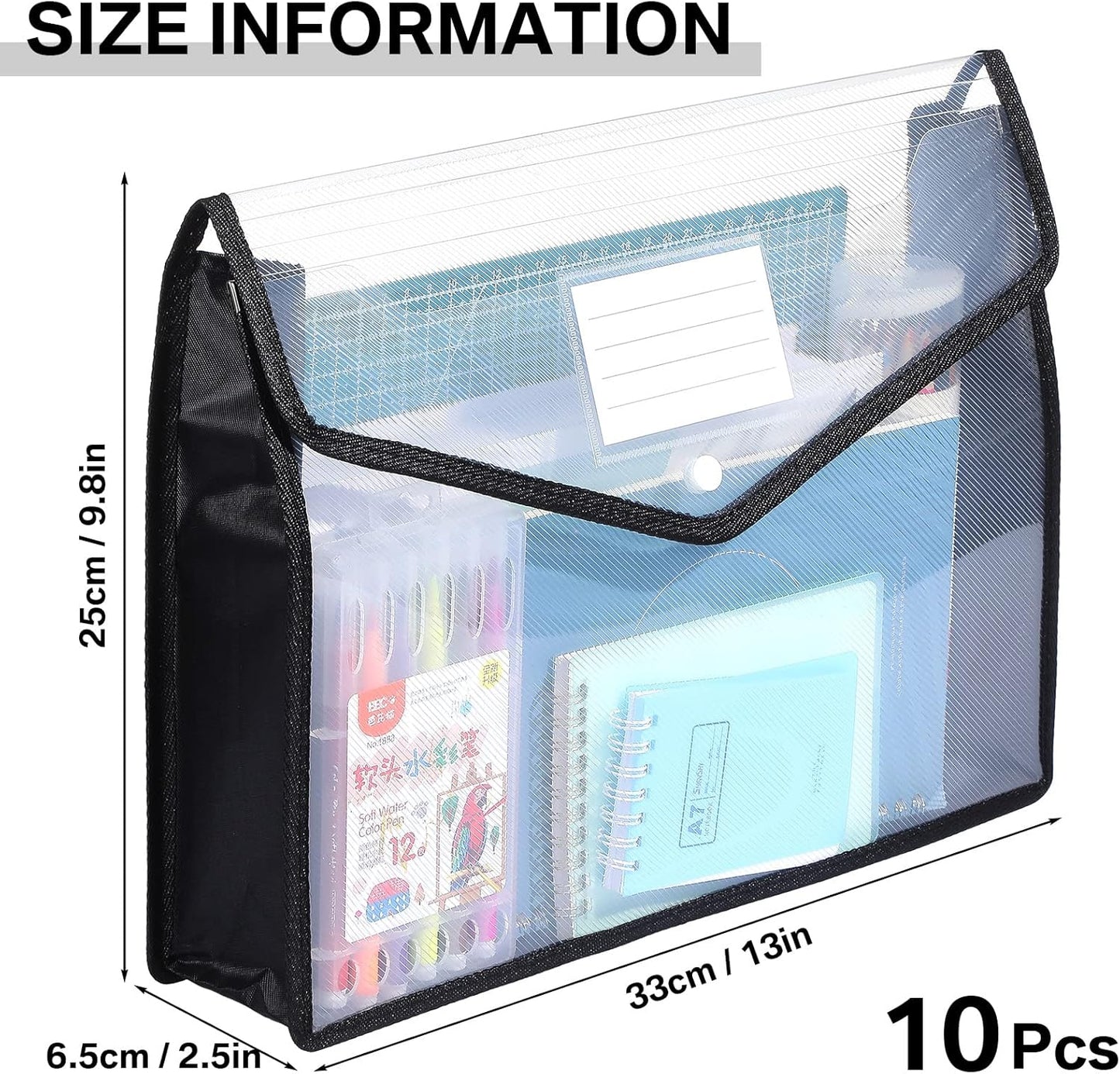 10 Pieces Plastic File Folders Envelope Expanding File Wallet Organizer Documents Folder with Snap Closure and Pocket, A4 Size Waterproof Transparent Pouch(Black,Horizontal)