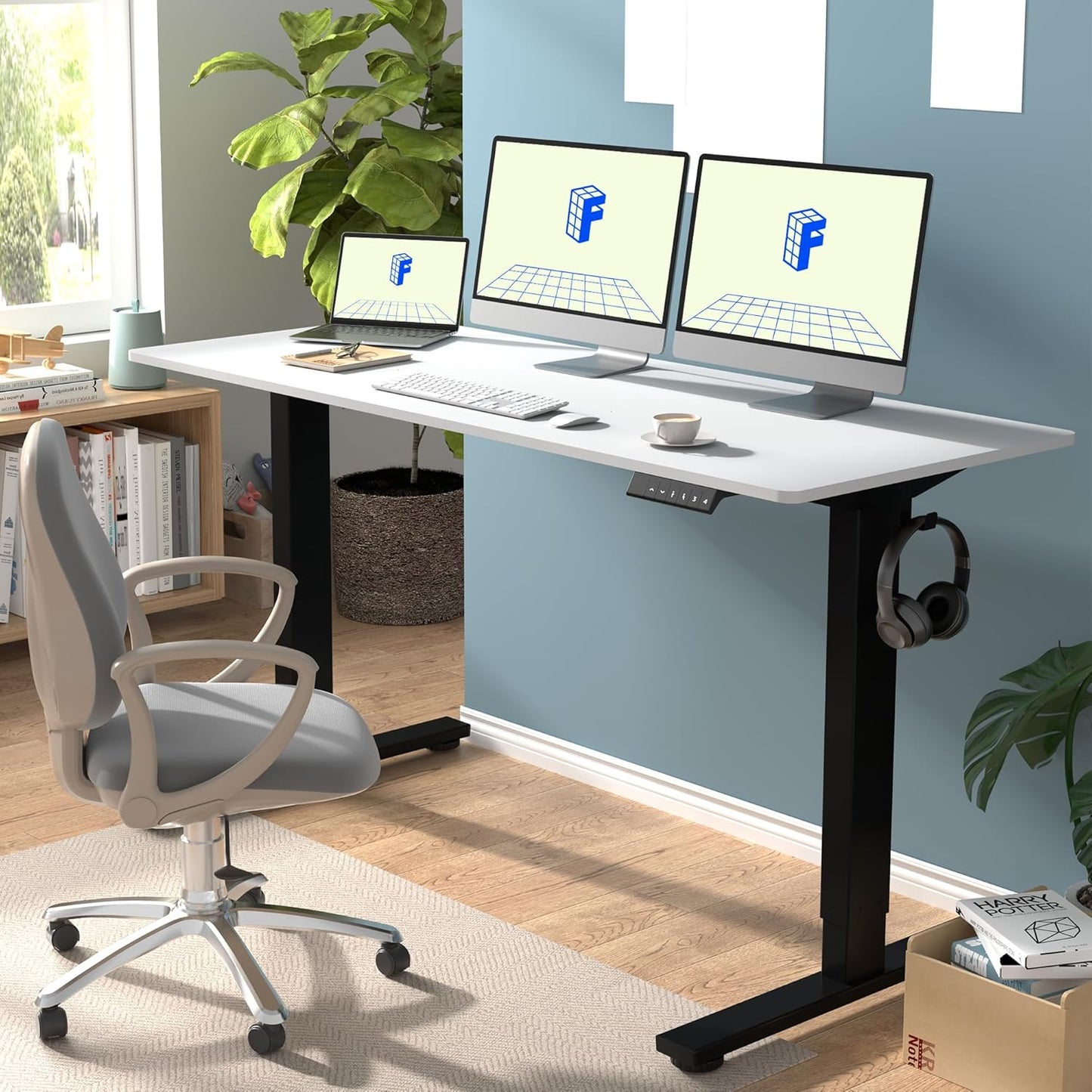 FLEXISPOT EN1 Whole-Piece Standing Desk 60"x24" Electric Height Adjustable Heavy Duty Steel Stand Up Desk Frame w/Automatic Smart Keypad (Black Frame + White Top, 2 Packages)