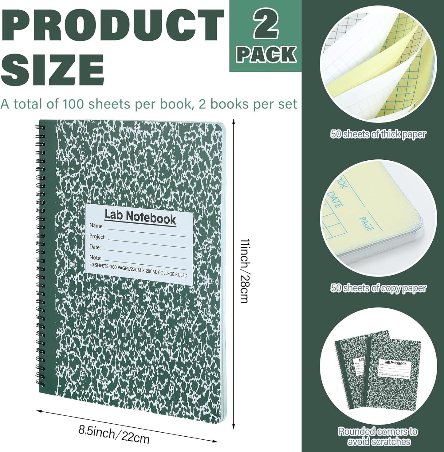 2 Pack Carbonless Lab Notebook Carbon Copy 8.5'' x 11'' Laboratory Engineering Chemistry Computation Notebook Science Grid Contains 25 Set Pages 100 Sheets Total Coil Binding(Dark Green)