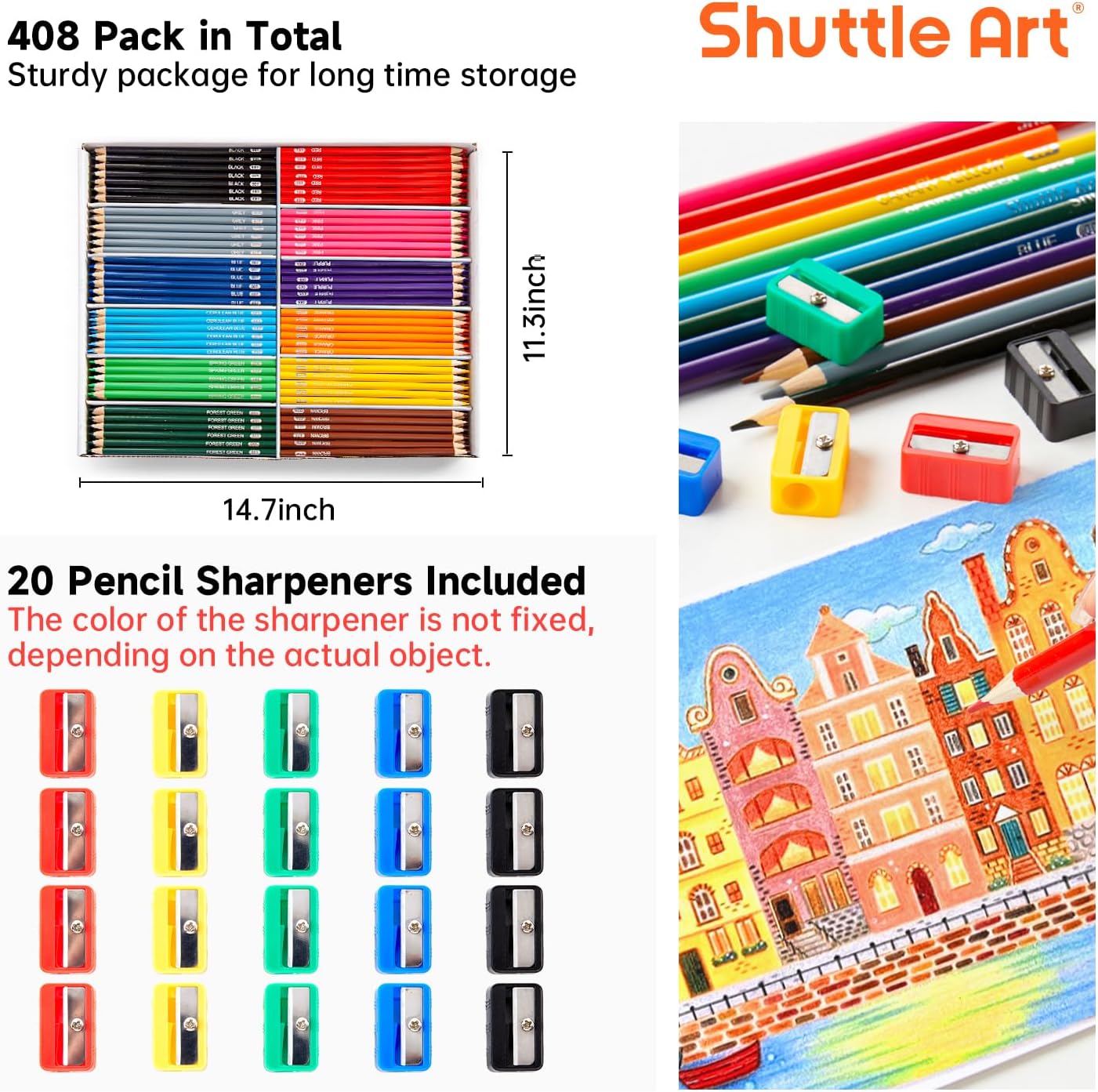 Shuttle Art Colored Pencils Bulk, 408 Pack Coloring Pencil Set Plus 20 Sharpeners, 12 Assorted Colors, Classroom Pack School Supplies