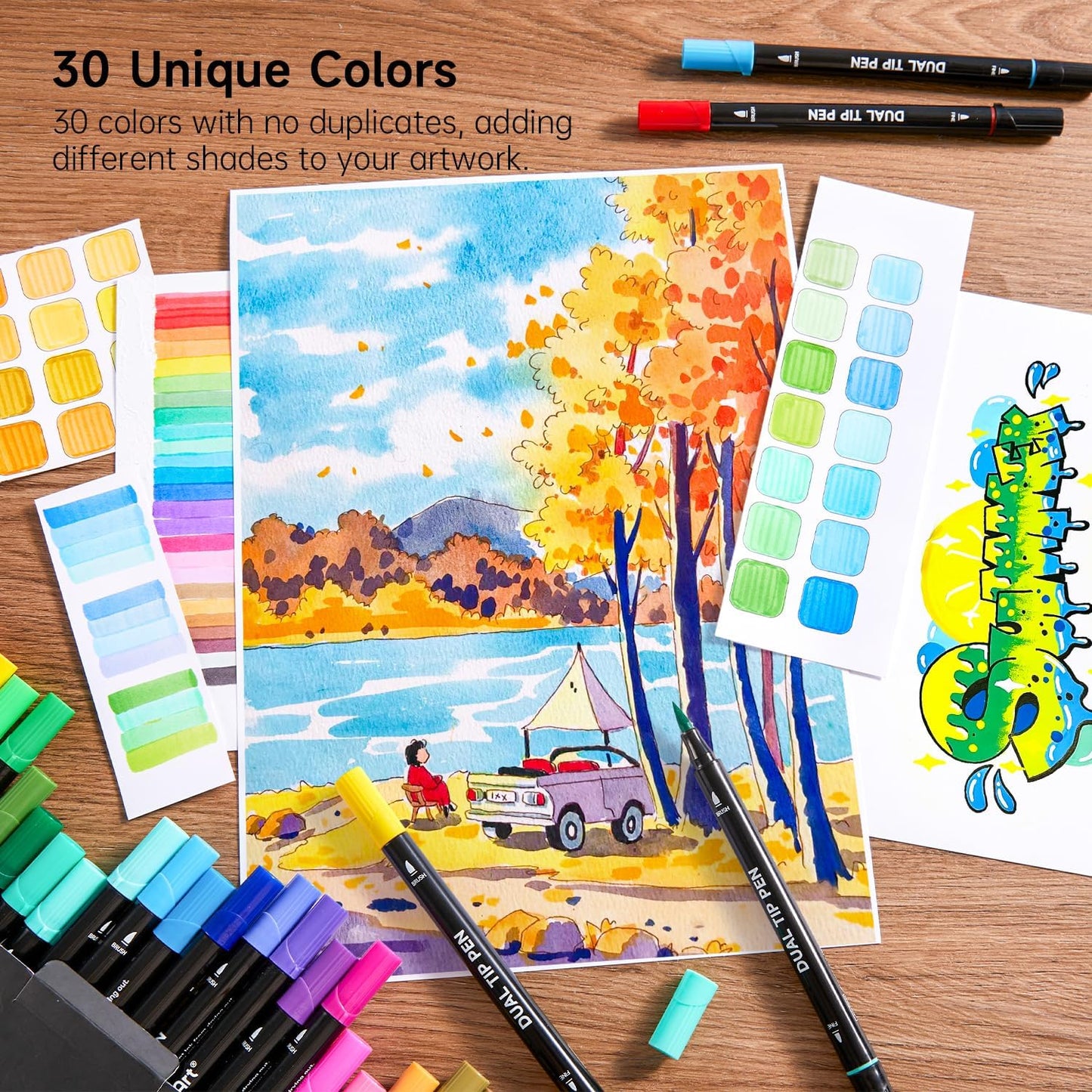 Shuttle Art Dual Tip Brush Marker Pens, 30 Colors Dual Tip Calligraphy Pens Fine and Brush Tip Markers Set, Water-based Ink Perfect for Kids Adult Artist Calligraphy Journal Doodling Writing