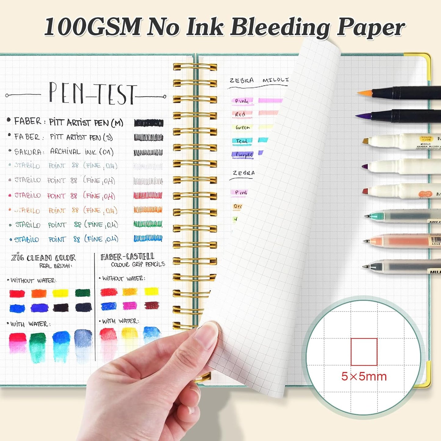 Graph Paper Notebook, Spiral Grid Notebook, Hardcover Leather Journal 300 Pages, 100gsm Thick Grid Paper Notebook, A5 Small Graphing Notebook Journal for Women Men Writing Engineering School Work