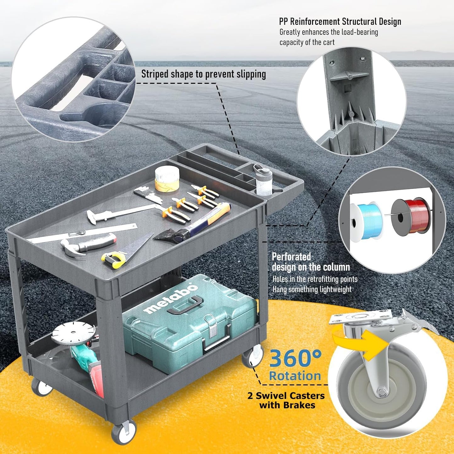 2 Tier Rolling Utility Cart on Wheels, 1000 lbs Capacity Plastic Service Cart with Lipped Shelves, 46 x 26-Inch Heavy Duty Work Cart for Warehouse, Garage, Cleaning, Gray