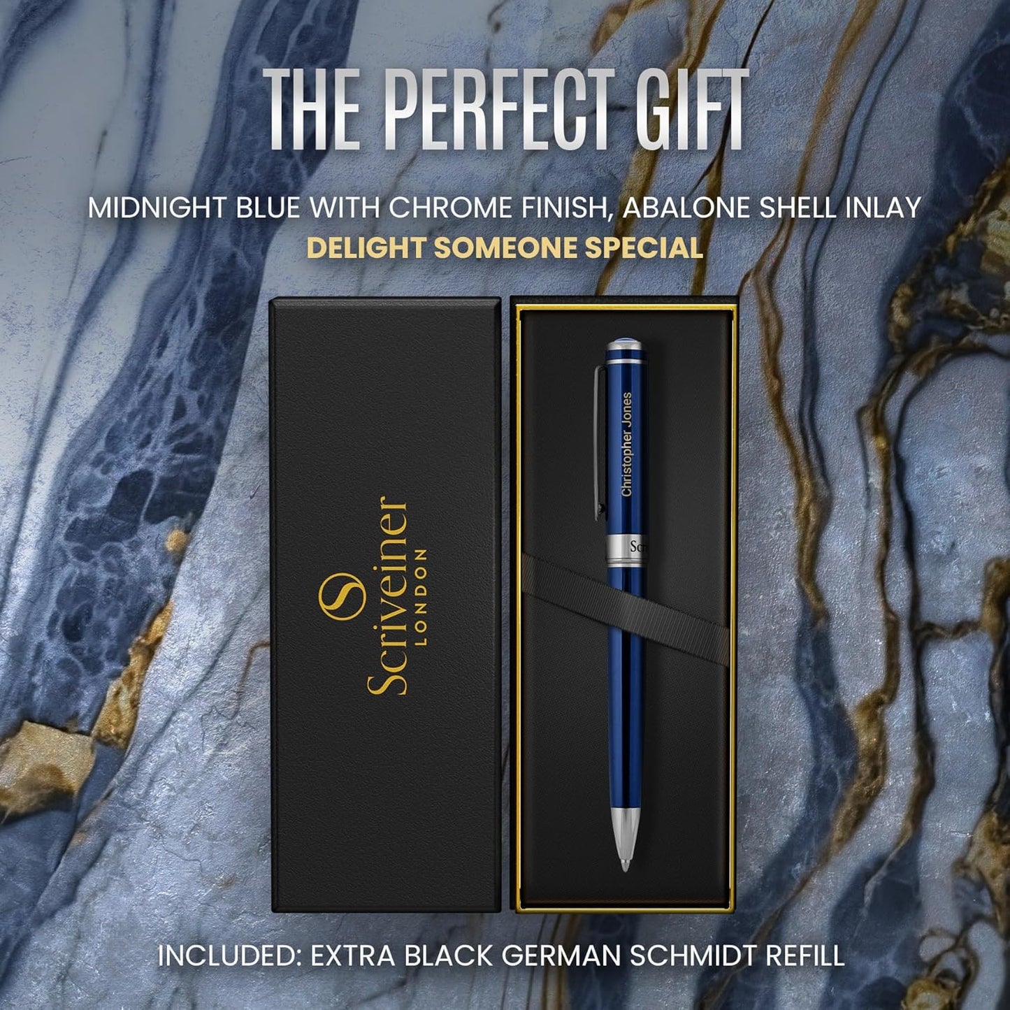 Scriveiner Personalized Midnight Blue Pen - Stunning Blue Lacquer Luxury Pen, Chrome Finish, Schmidt Ink Refill, Best Engraved Ball Point Gift Set for Men & Women, Custom Name Engraving