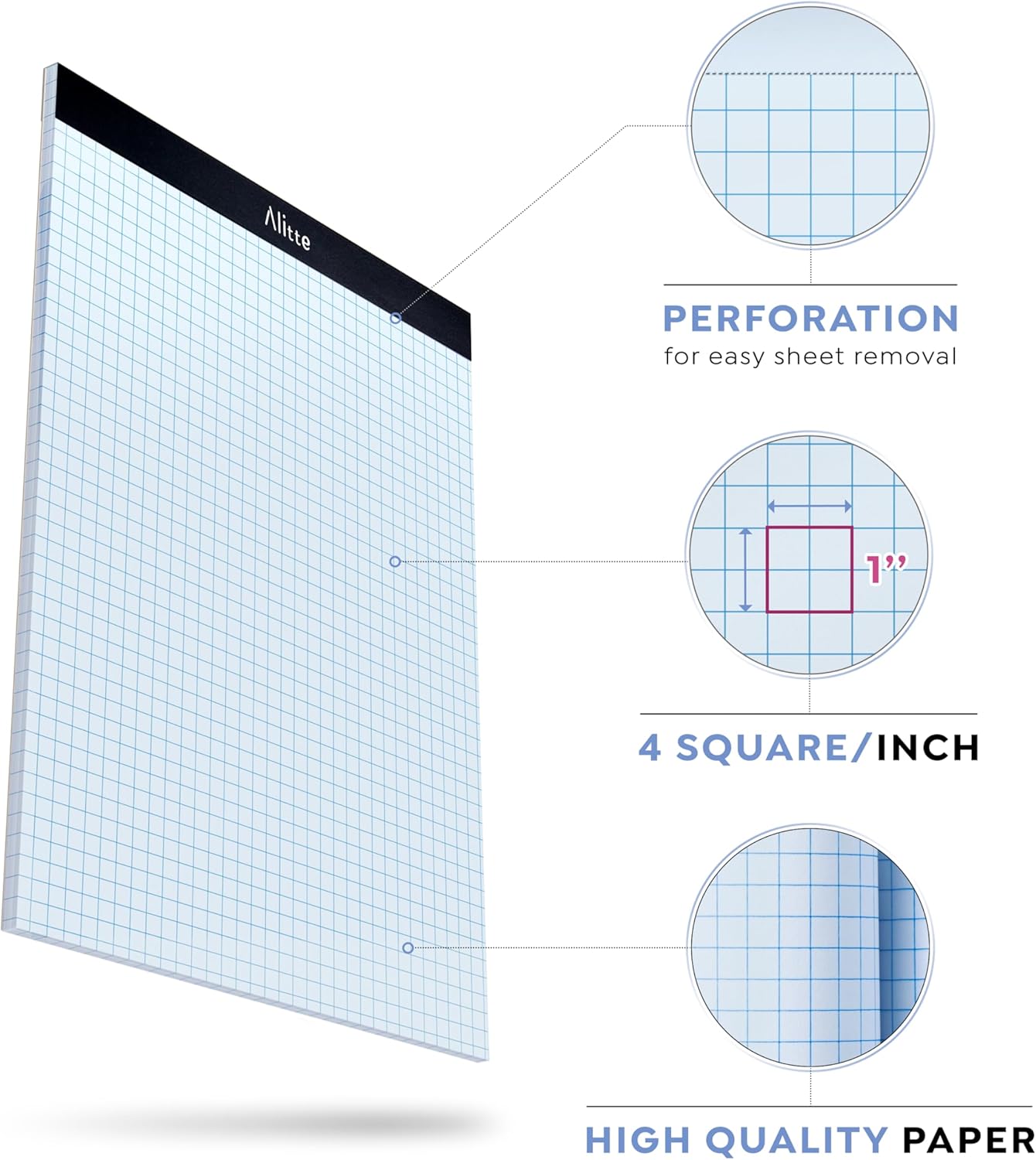 Graph Paper Pad, Pack of 12, White Letter Size - 4x4 Quad Grid Paper, Easy-Tear Perforations, 8.5 x 11 Cardboard Backing - Graph Notepads for School, Office -50 Sheets per Pad
