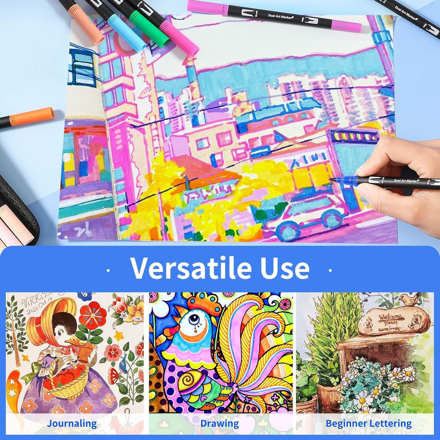 Double Brush Marker Pens, 168 Colors Art Markers Set with Fine Tip and Brush Tip for Kids Adult Coloring Book Hand Lettering Calligraphy Drawing Art Supplies Kit