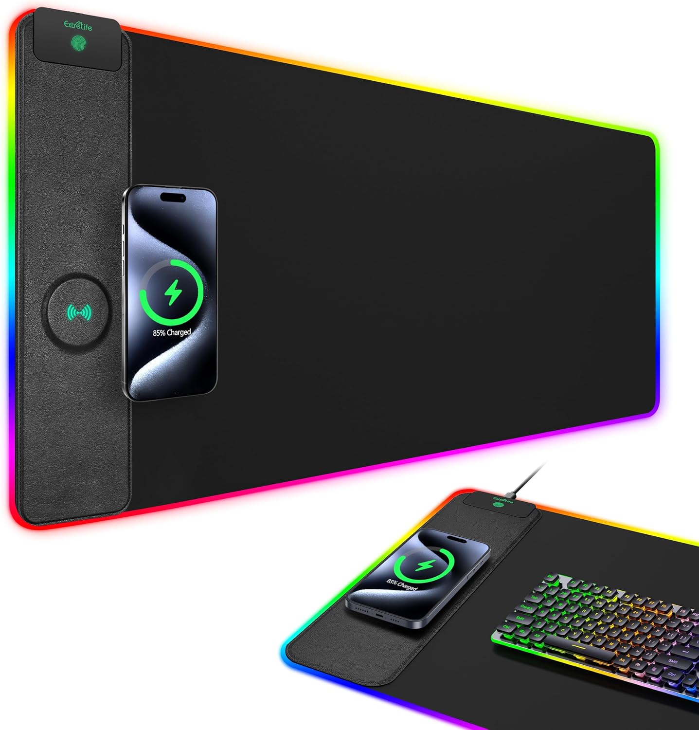 Mouse Pad with Wireless Charging, RGB Gaming Desk Mat, Large XXL Desk Pad, 15 Lighting Modes, Ultra-Smooth Surface, Non-Slip Mouse Mat, Waterproof Computer Keyboard Pad for Gamer, 800x400x4MM, Black