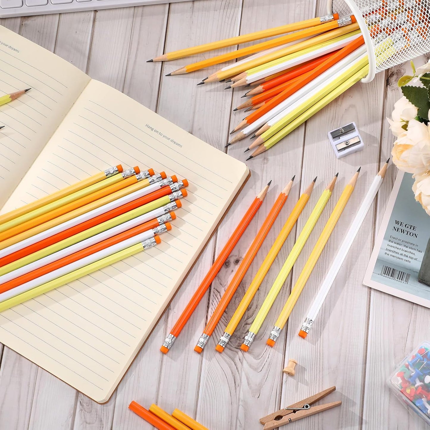 TecUnite 60 Pcs HB Pencils #2 Unsharpened Wood Cased Pencils with Eraser Hexagonal Pencil Cute Graphite No 2 Pen for Adults Gifts Exam School Office Sketching Learning(Orange, Sliver)