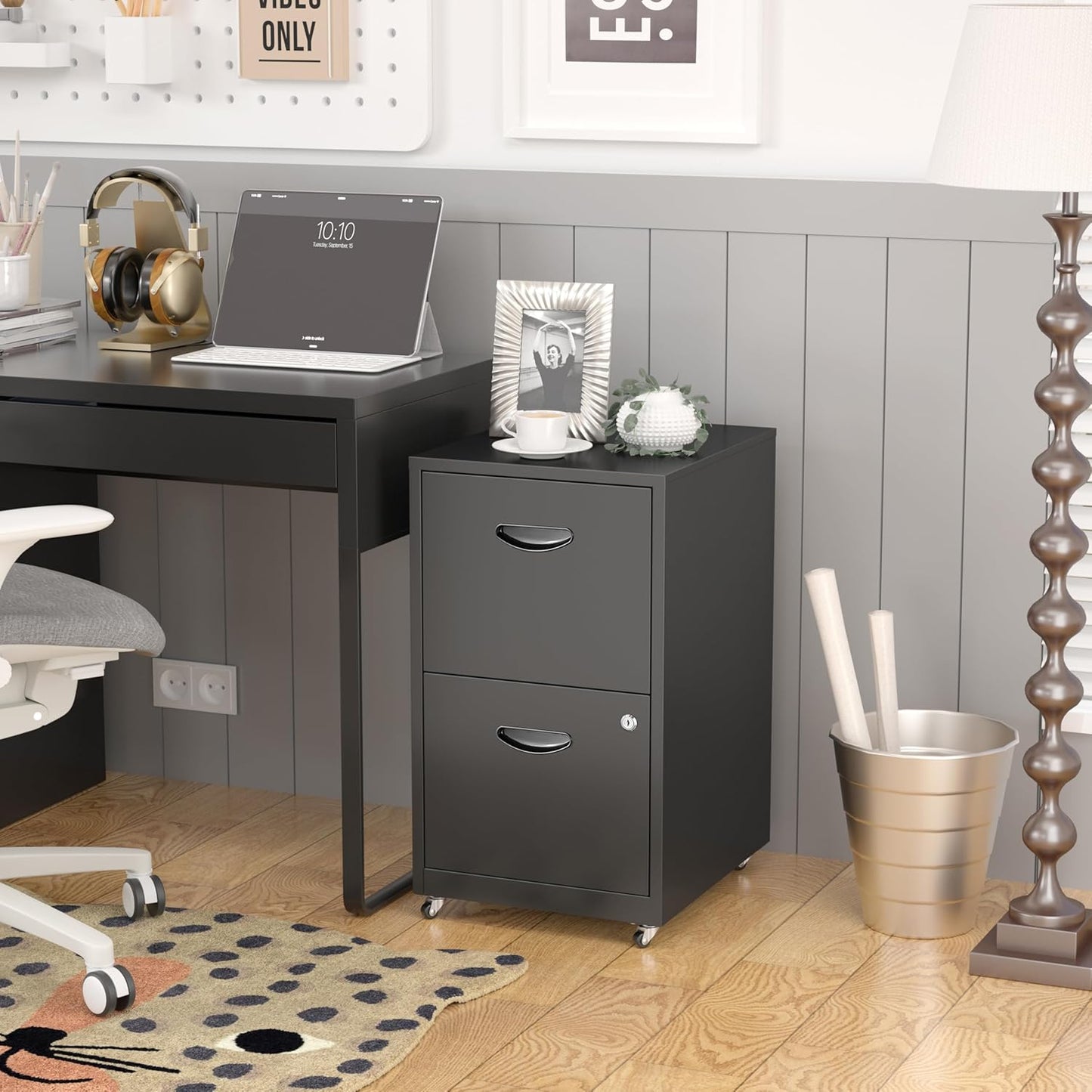 2 Drawer File Cabinet with Lock，Black Rolling File Cabinet for Home Office, Metal Small Mobile Filing Cabinets on Wheels for Hanging Letter