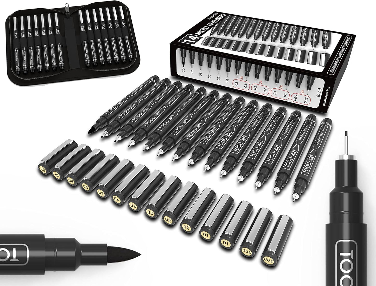 Micro-Line 14 Pens With Case, Fineliner, Multiliner, Archival Ink, Waterproof, Journaling, Illustration, Architecture, Technical Drawing, Outlining, Scrapbooking, Manga, Writing, Rock Painting Black
