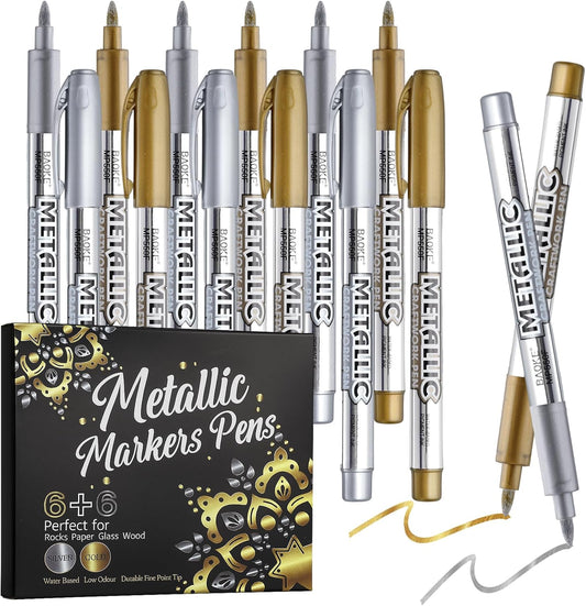 12 Pack Metallic Markers Pens, Water Based Silver & Gold Paint Pens, Gold & Silver Ink Pen with Durable Fine Point Tip for Black Paper, Rock Painting, Halloween Card Making, Multi Surface Art Crafts