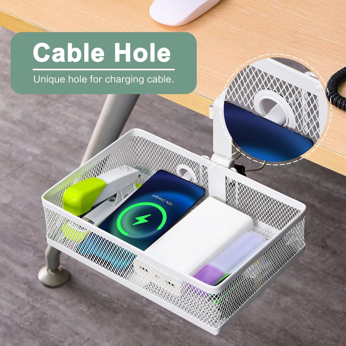 ROSYLINE 360°rotation under desk drawer, Drawer Under Desk Storage Organizer, Rotary Desk Storage Organizer with Cup Holder, Under Desk Storage, Clamp Drawer Basket, sturdy and durable (White)