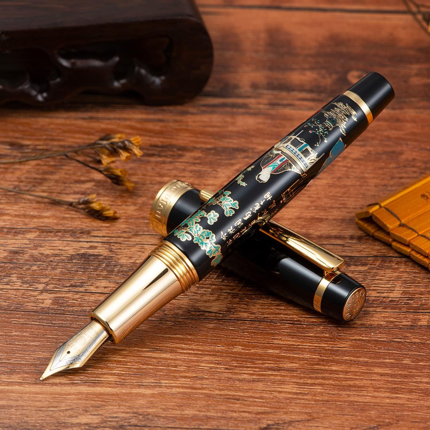 Hongdian 231 Chinese Classical Fountain Pen, Iridum Extra Fine Gold Nib with Chinese Painting Design, Smooth Writing Pen with Ink Converter and Metal Pen Box Set