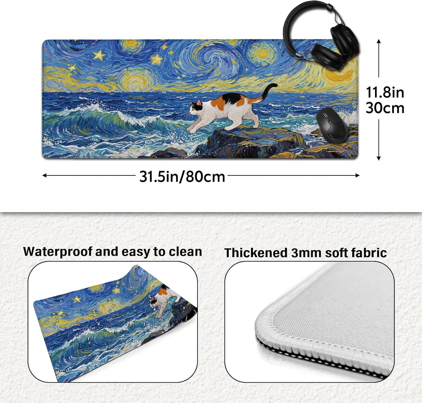 Cute Calico Cat Surfing Mouse Pad, Starry Night Style Mousepad - Large Non-Slip Desk Mat for Office, PC, Laptop - 31.5"x11.8" x 3mm