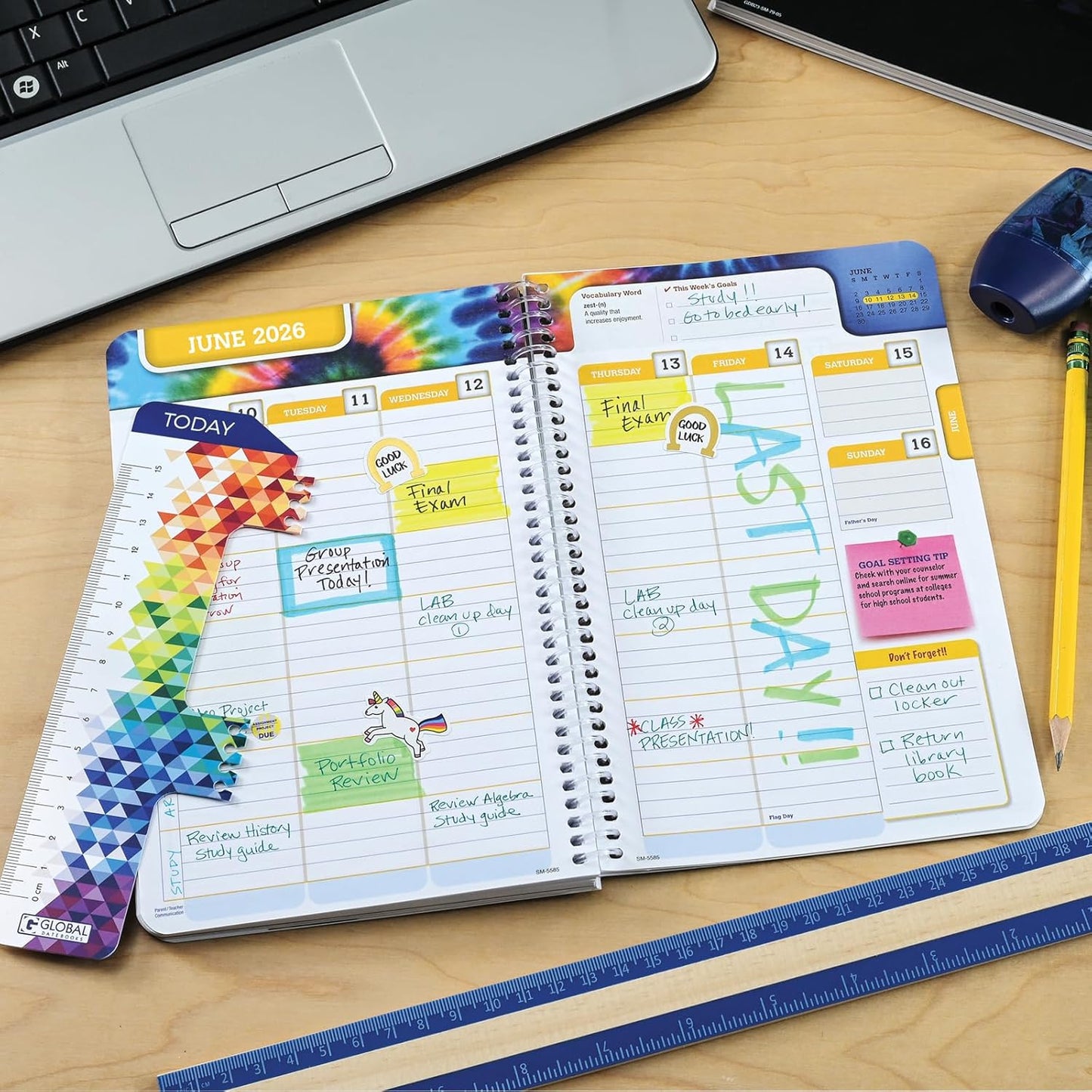 Global Datebooks Dated Middle School or High School Student Planner for Academic Year 2025-2026 Includes Ruler/Bookmark and Planning Stickers (Matrix Style - 5.5"x8.5" - Spectrum)