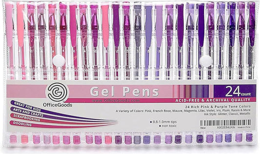 OfficeGoods Pink Purple Gel Pens with Refills – Pastel Adult Coloring Art – Medium 0.8-1.0mm Tips – Non-Toxic Gel Pens Set – Quick Dry Smudge-Free 24 Pack Colors
