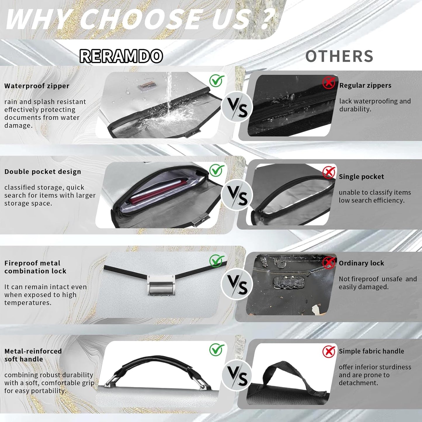 Fireproof Document Bag 14.5"X11"X2.5" Fireproof Money Bag for Cash With Lock and Zipper,Fire&Waterproof Storage Organizer Pouch for Valuables,Legal Document,Laptop,Passport,(Silver)