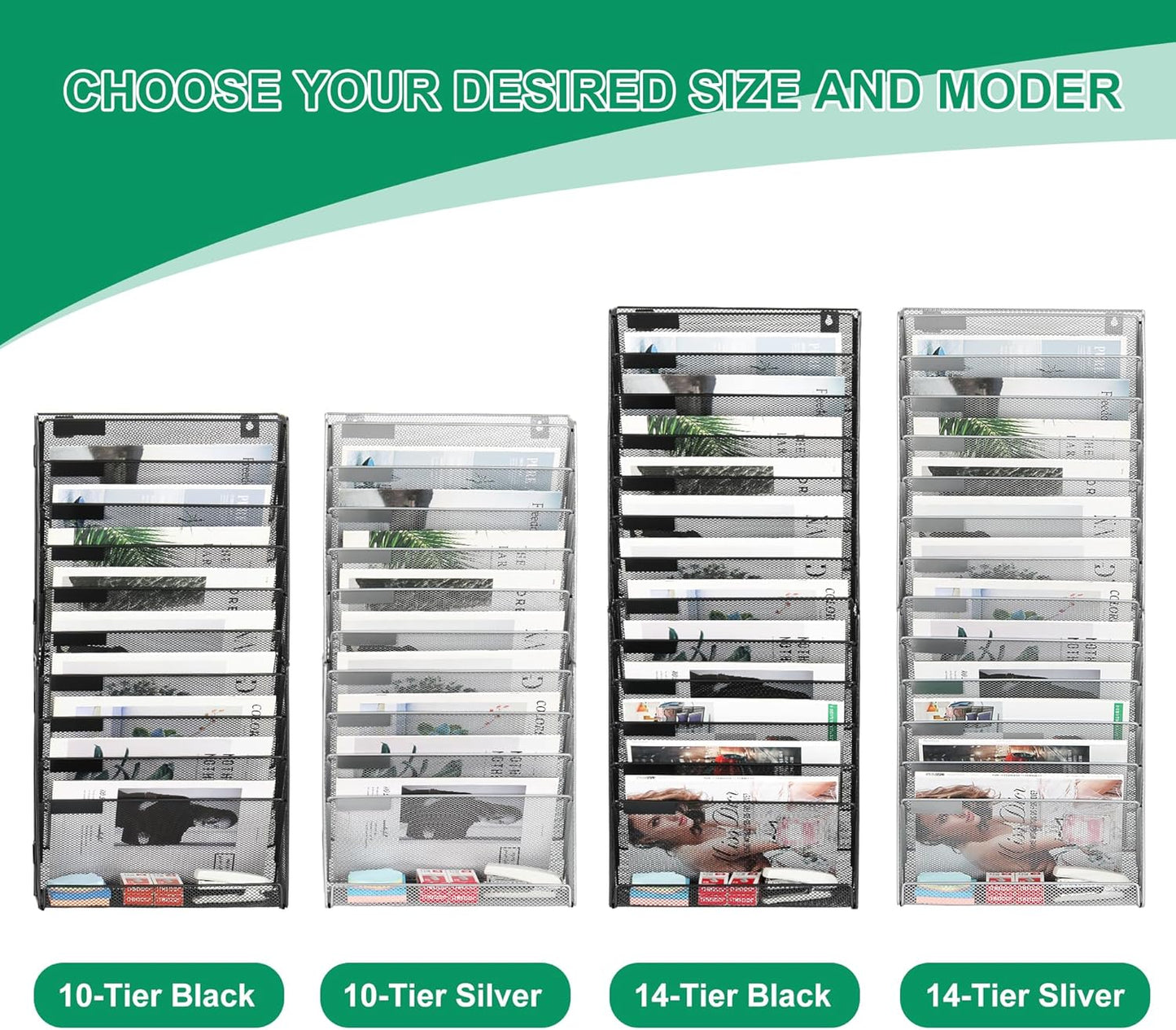 14-Tier Wall File Organizer, Hanging Mail Organizer Wall Mounted Paper Document Holder, Metal Clipboard Storage Basket for Office Home School Organization, Black