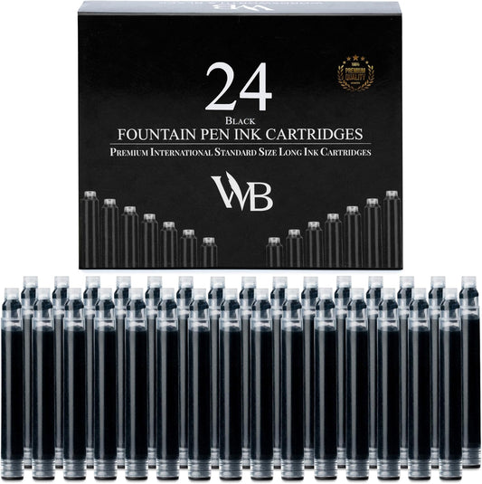 Wordsworth & Black 24 Pack Fountain Pen Ink Refills - SET OF 24 BLACK Ink Cartridges - International Standard Size - Length Appr 1.5" - Base Diameter Appr 0.24" - Disposable and Generic