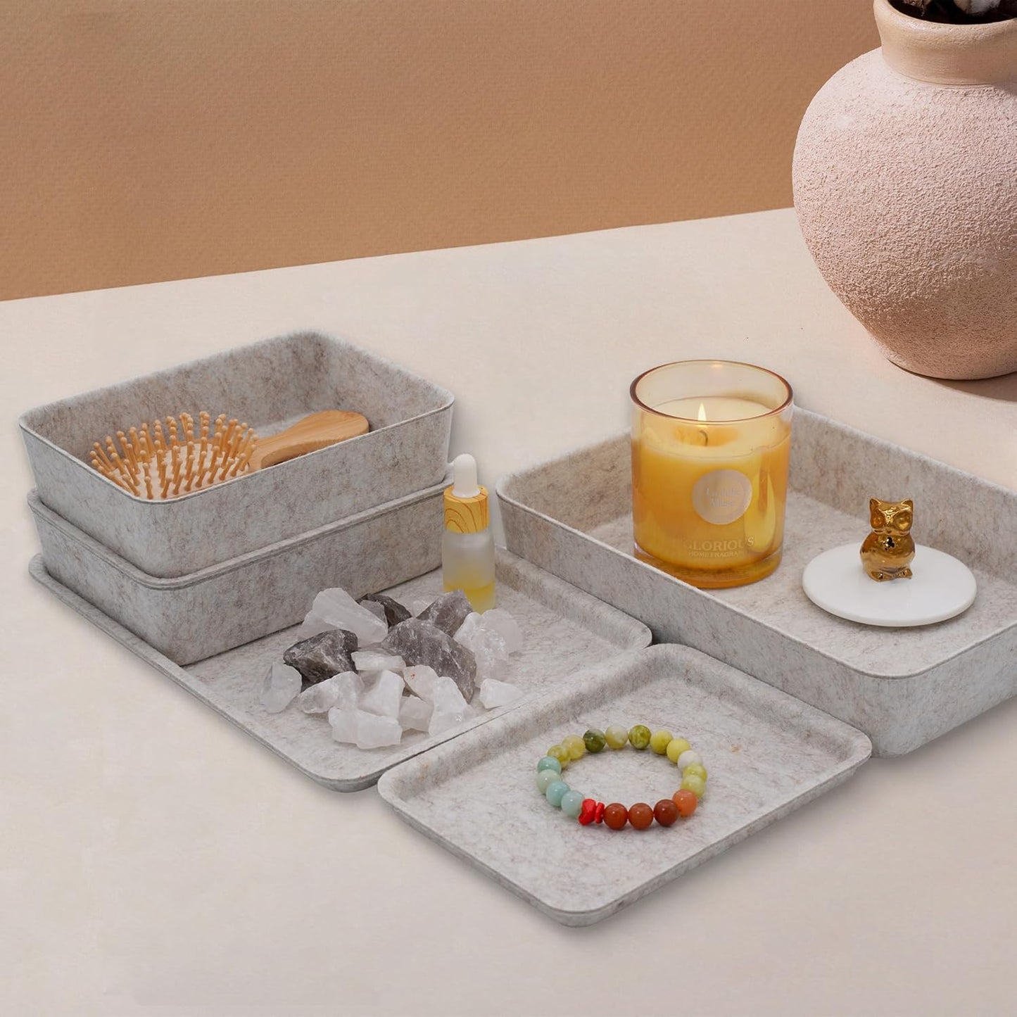 Welaxy Lidded Felt Drawer Organizer Trays with lids Desktop Organizer Bins Storage box for crafts office supplies pen notes Junk Makeup Stationery Organize 3- Pack (Oatmeal)