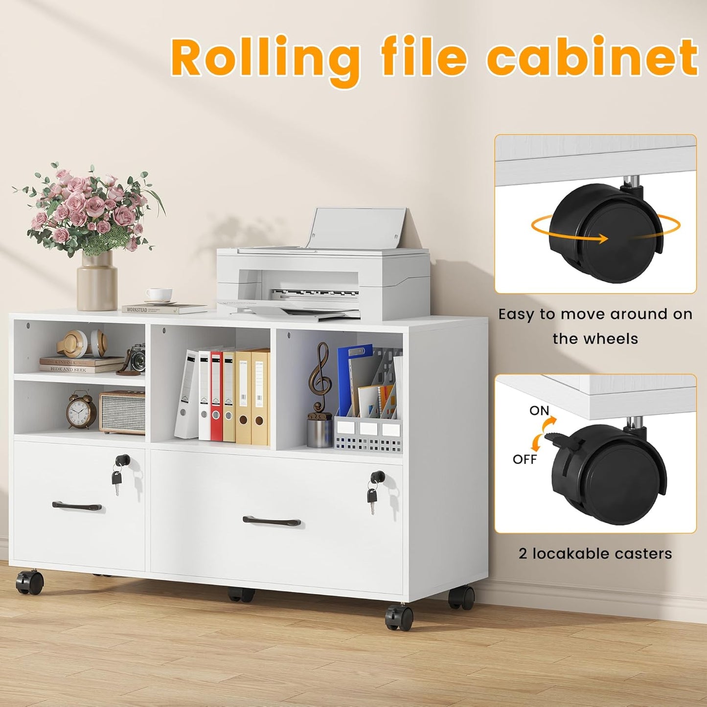 2 Drawer Wood Mobile Large Lateral File Cabinet with Lock, Lockable Rolling Filing Cabinet with Storage Shelves, Printer Stand Office Storage for Home Office Fits Files Legal/A4,White