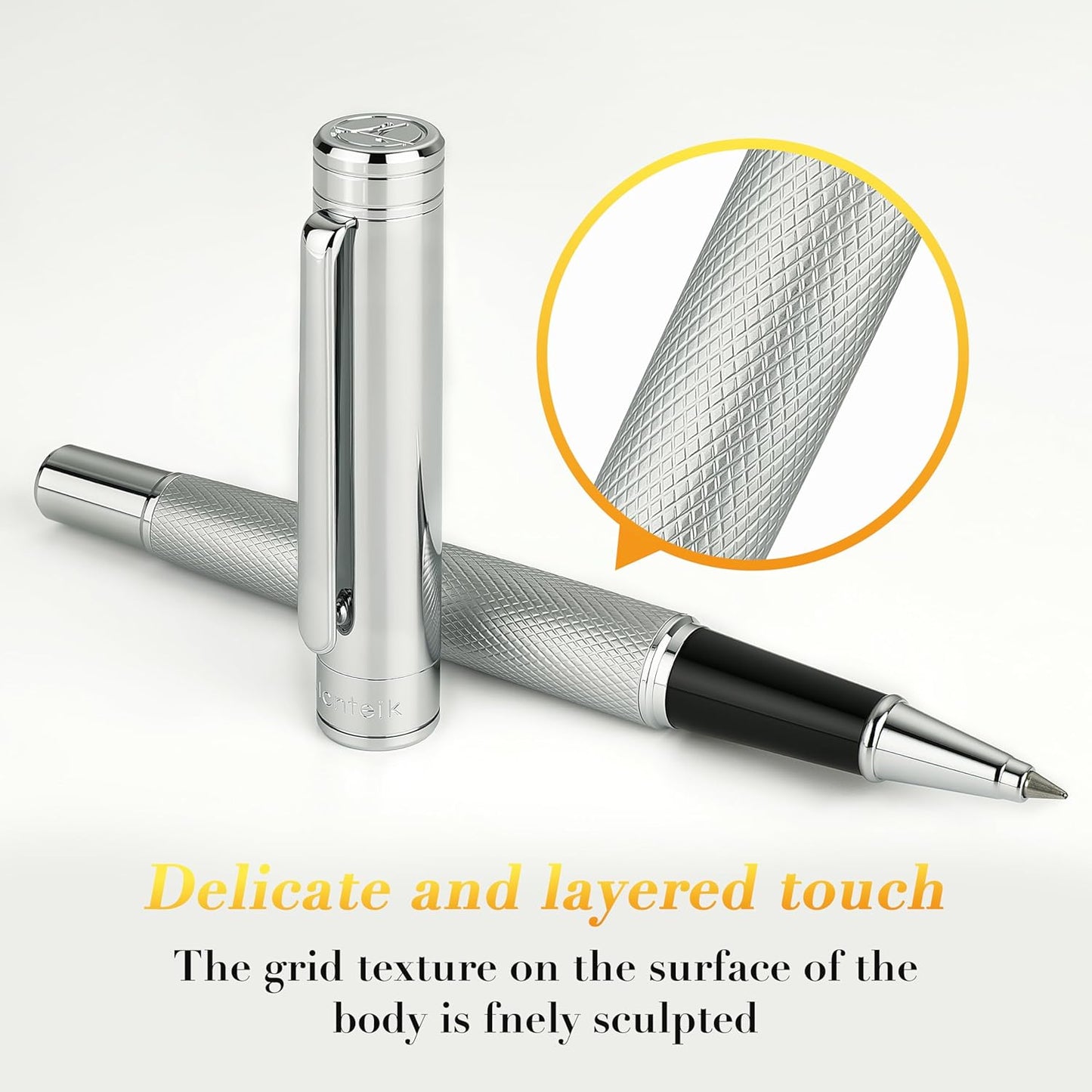 Silver Rollerball Pen, Stunning Luxury Pen with Mesh Texture Design, Bright Silver Chrome Finish, Schmidt refill, Nice Gift Set for Men & Women, Executive, Office, Graduation, Fancy Pens