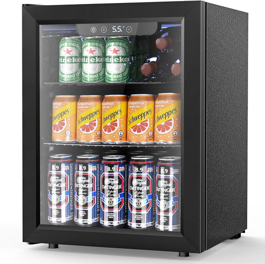 1.7 Cu.ft Beverage Refrigerator Cooler, 68 Can Mini Fridge Glass Door with Adjustable Shelves, Digital Temperature Display, Freestanding Small Drink Fridge for Home, Office or Bar(Black)
