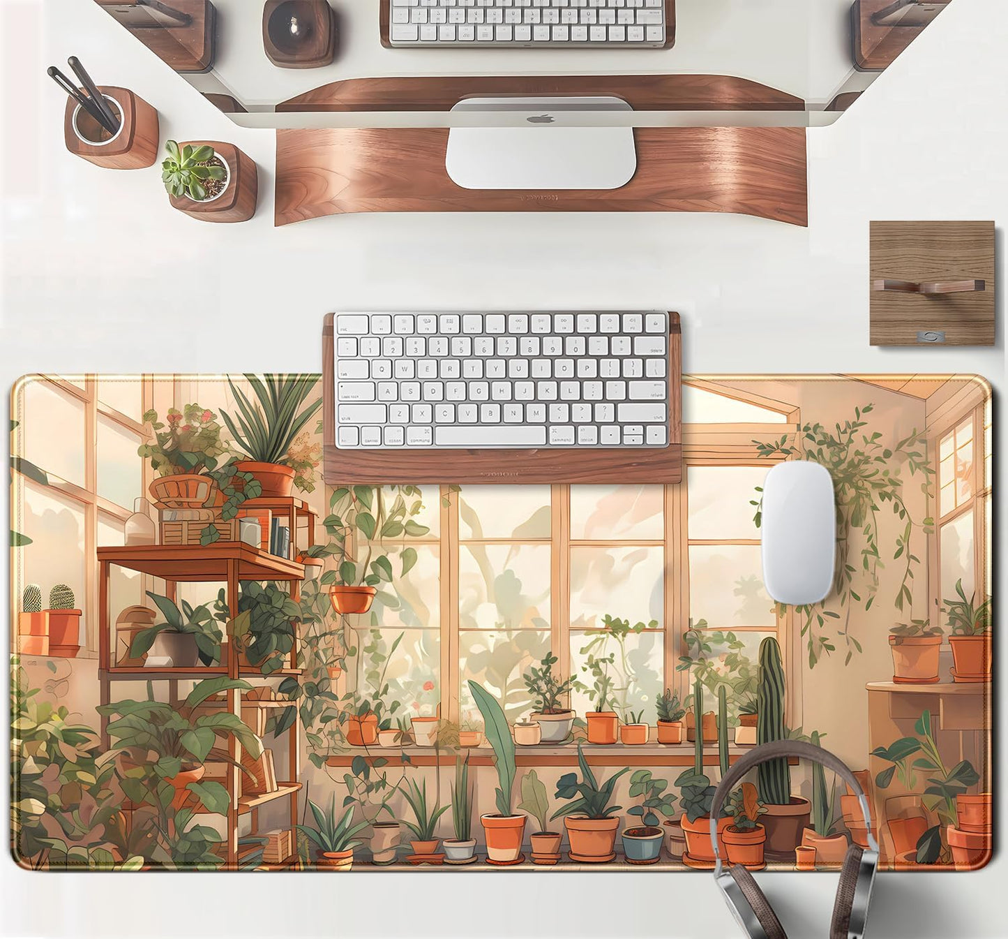 Cute Plant Lover Desk Mat Cozy Mouse pad Beige, XXL Large Extended Earthy Brown Green Aesthetic Floral Mousepad Gaming Desk Pad, Big Laptop Keyboard and Mouse Mat with Stitched Edges 31.5x15.7 in