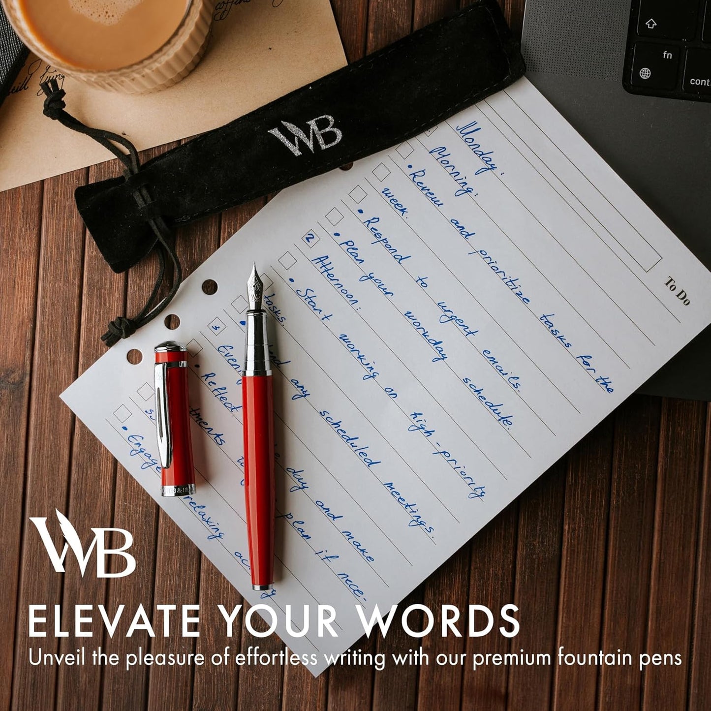 Wordsworth & Black Fountain Pen Set, Medium Nib, Includes 24 Pack Ink Cartridges, Ink Refill Converter & Gift Pouch, Chrome Finish, Calligraphy, [Crimson Red], Perfect for Men & Women