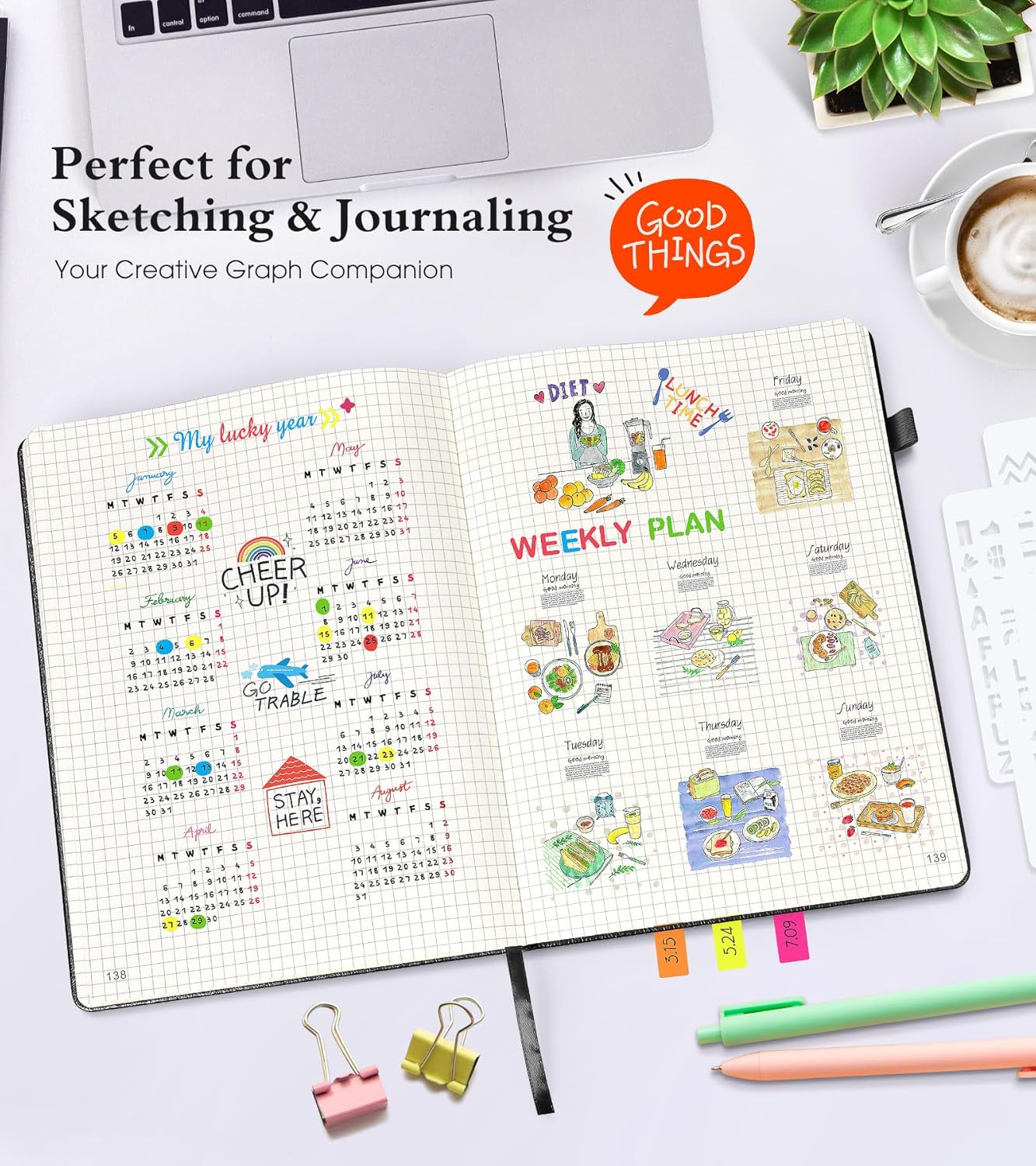 Graph Paper Notebook Journal, 360 Numbered Pages Grid Notebooks, Thick 100gsm Graphing Paper Journals for Writing Women Men, A5 Large Hardcover Leather Graph Notebook 5.75'' × 8.38'' Black