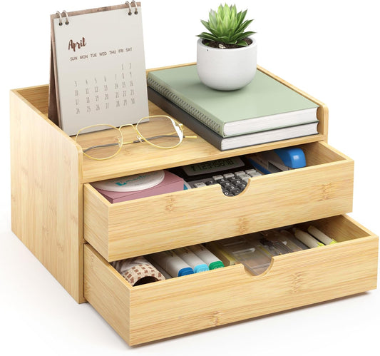 Wisuce Bamboo Desk Organizer - Mini Bamboo Desk Drawer Tabletop Cosmetic Storage Organization for Office or Home (Nature 2 Drawers)