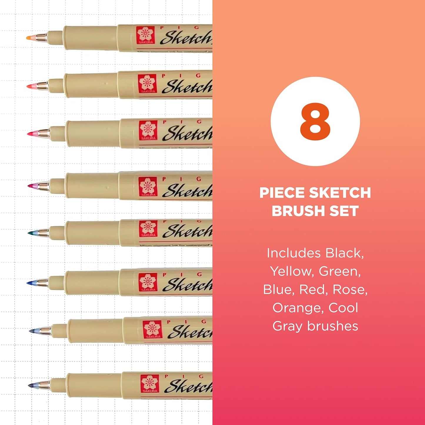 SAKURA Pigma Sketch Brush - Archival Ink Sketching Pens - Art Pens for Calligraphy, Hand Lettering & Writing - Assorted Archival Colors - 8 Pack