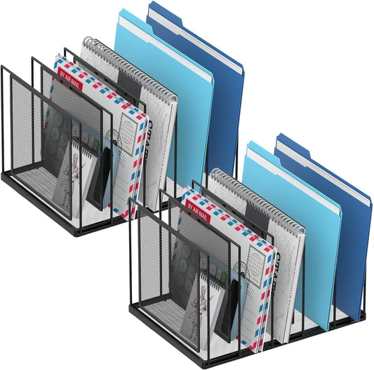 File Organizer for Desk, 5-Section Vertical File Sorter, Paper Holder Organizer Standing Metal File Folder for Office Home Classroom, Black 2 PACK