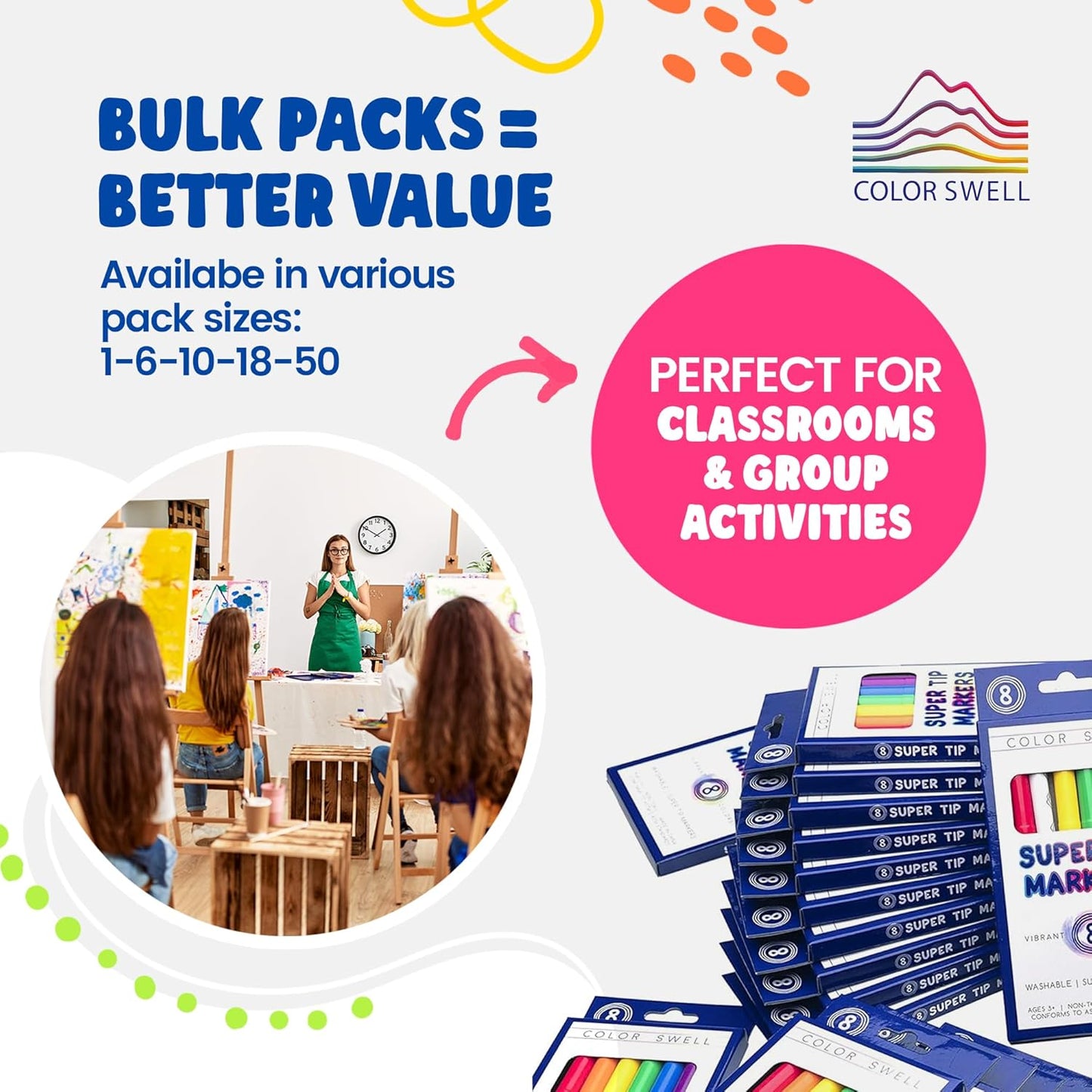 Color Swell Super Tip Washable Bulk Markers Pack 50 Boxes of 8 Vibrant Colors (400 Total Markers) Perfect for Kids, Parties, Classrooms