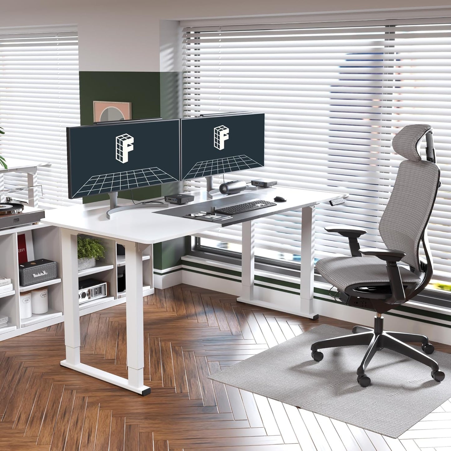 FLEXISPOT E6Q 4 Legs Standing Desk 71 x 32 Inch Adjustable Height Desk with Splice Board Home Office Sit Stand Up Desk, White Top + White Frame