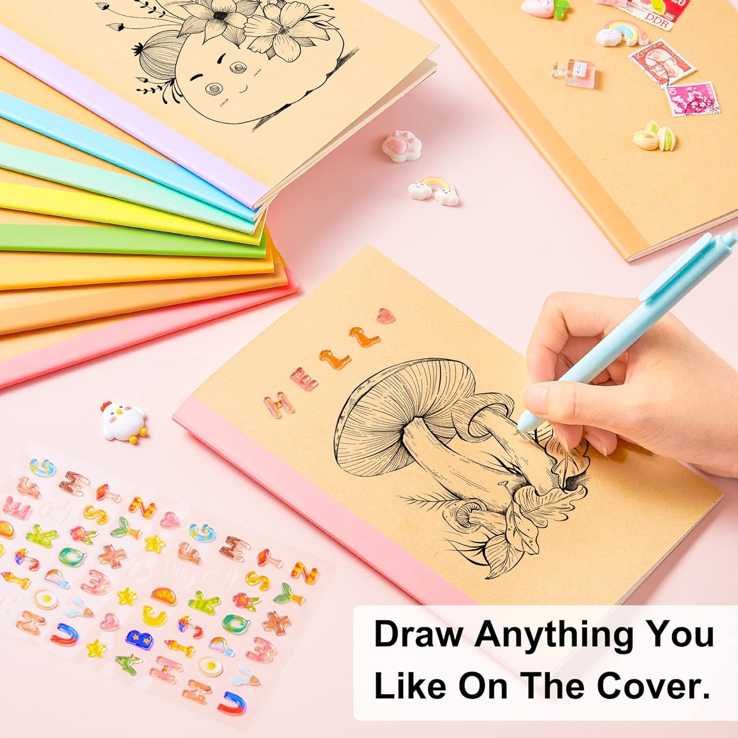 feela 56 Pack Composition Notebooks Bulk, Kraft Cover Lined Blank College Ruled Composition Travel Journals with Rainbow Spines For Women Students Business, 60 Pages, 8.3”x 5.5”, A5, 8 Pastel Colors