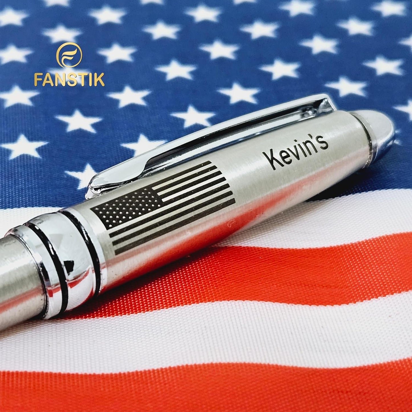 Customized BallPoint pen with name and US Flag (MADE IN USA), stainless steel, silver, luxury engraved pen personalized for men and for women. (BallPoint US-Flag)