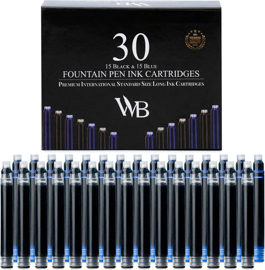 Wordsworth & Black Fountain Pen Ink Refills - Set of 15 Black - 15 Blue Ink Cartridges - International Standard Size - Length APPR 2.04 Inch - Base Diameter APPR 0.24 Inch - Disposable and Generic