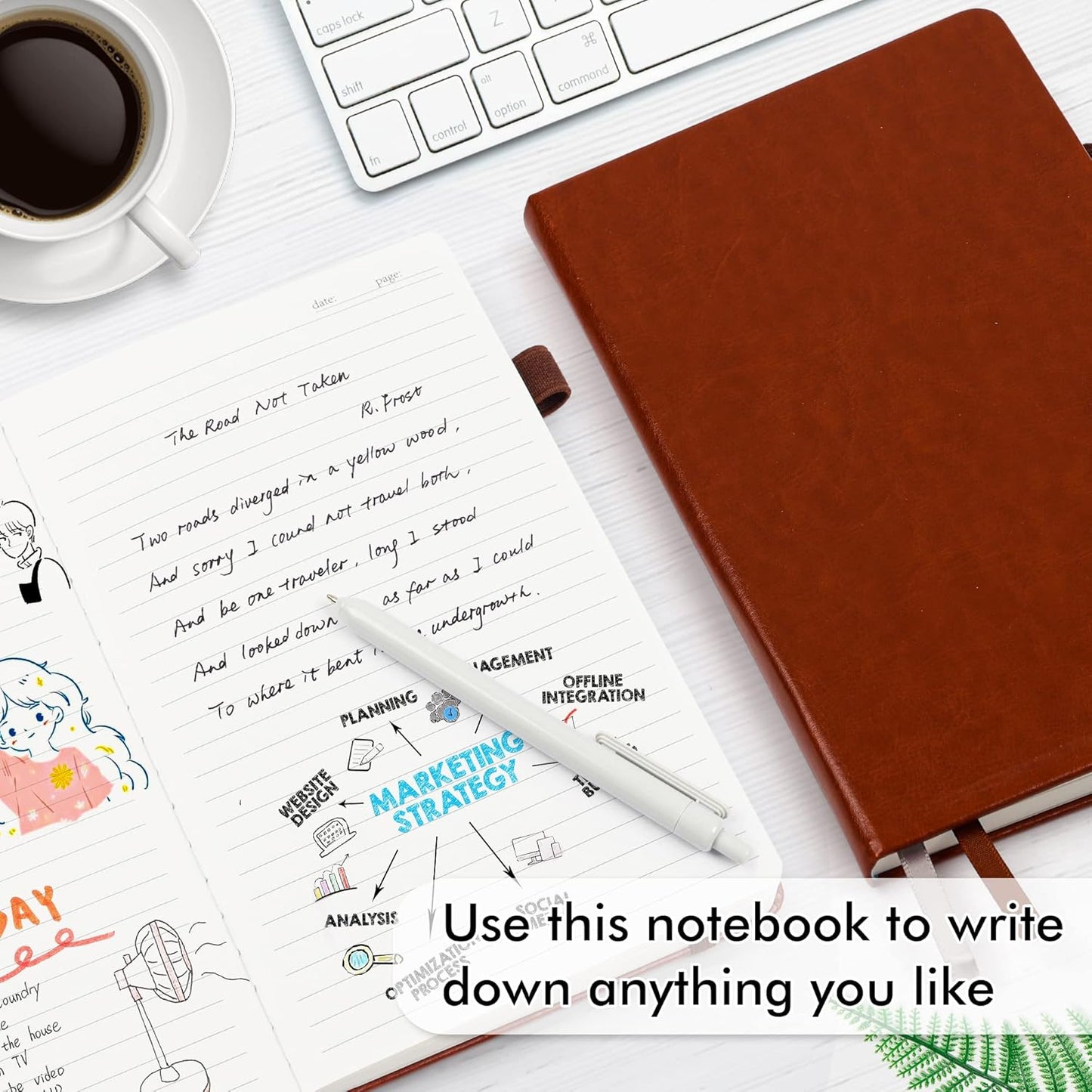 feela 5 Pack Journal Notebook Bulk for School, Hardcover Business Notebooks Classic Ruled Lined Journals with Pen Holder for Work Note Taking, with 5 Black Pens, 120 GSM, 5.1”x8.3”, A5, Brown